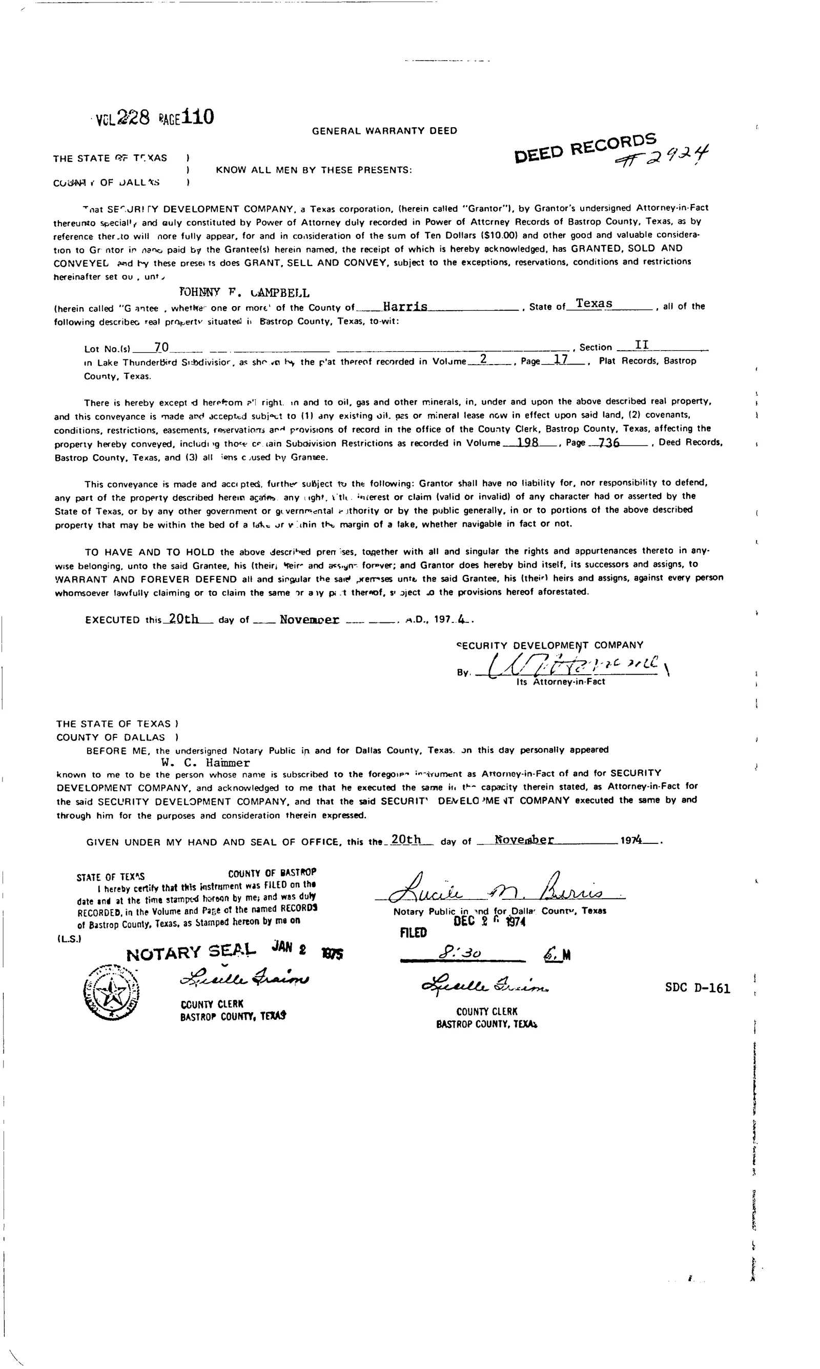 Security Development Company - Recorded Deed (Vol. 228, Page 110)